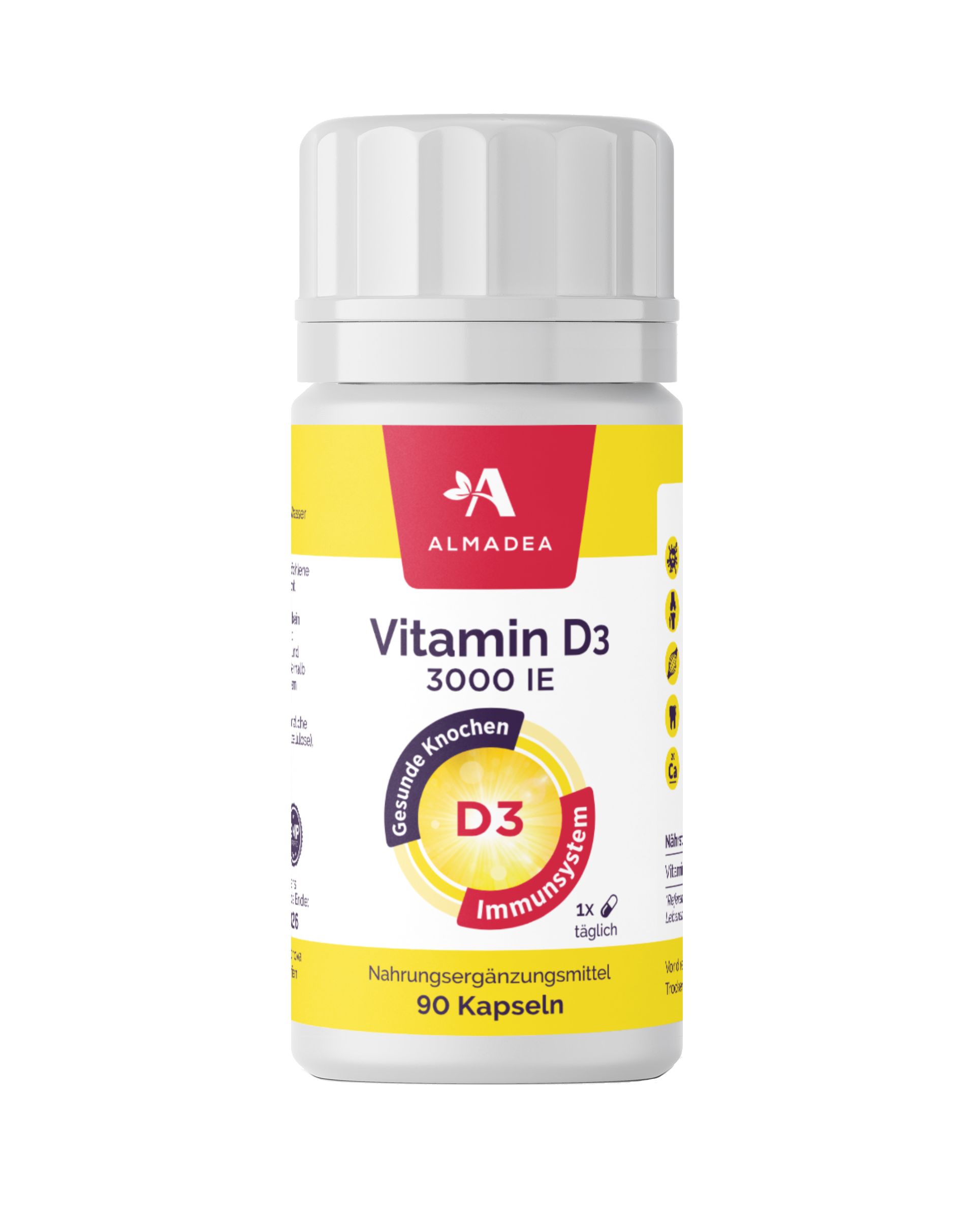 Weißes Fläschchen mit rotem und gelbem Etikett. Text: Vitamin D3 3000 IE, 90 Kapseln. Logo: Almdea.
