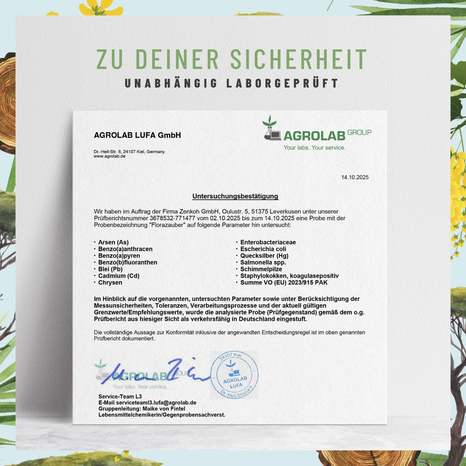 Zertifikat von Agrolab LUFA GmbH. Text: Unabhängig laborgeprüft. Untersuchungsergebnis für Flora Zauber. Analyse auf Schadstoffe. Unterschrift.