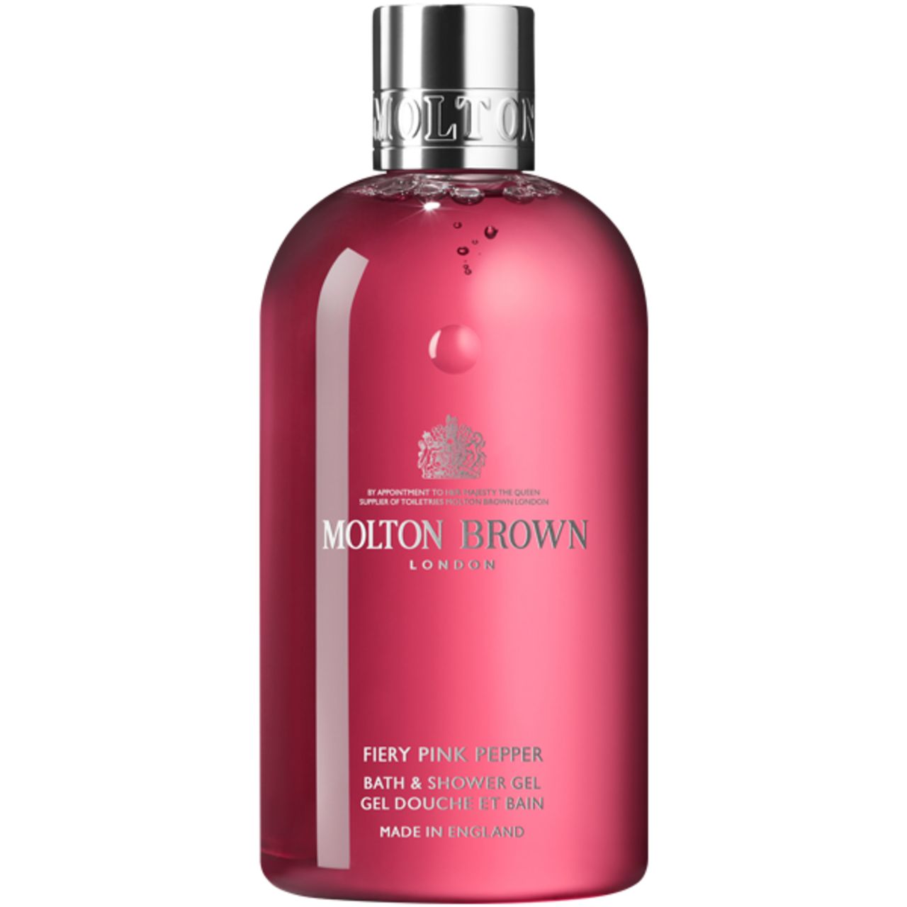 Molton Brown Duschgel in Pink Pepper, klare rosa Flüssigkeit in einer transparenten Flasche mit silbernem Verschluss.