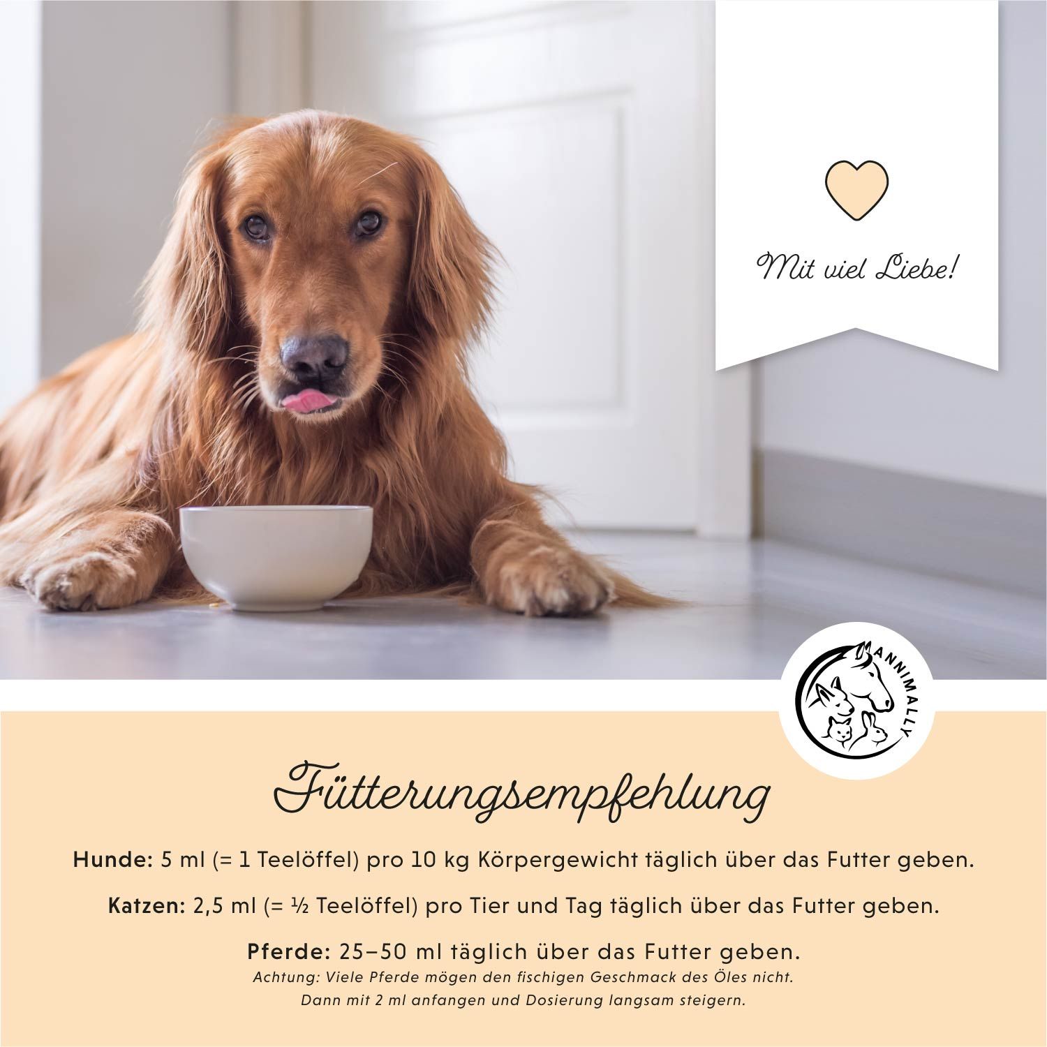 Hund mit Napf. Text: Fütterungsempfehlung. Hunde: 5 ml (= 1 Teelöffel) pro 10 kg Körpergewicht täglich über das Futter geben.