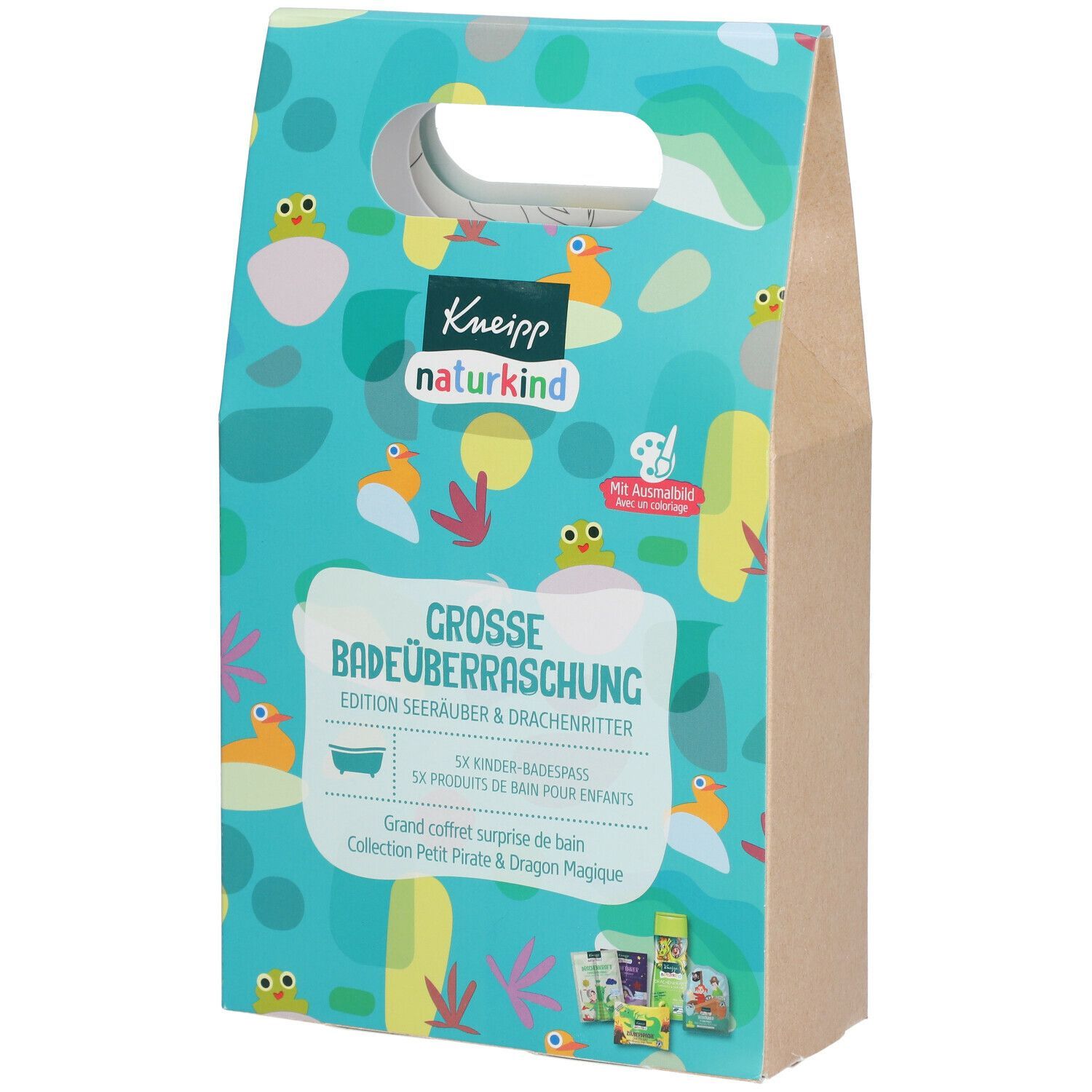 Kneipp naturkind Badeüberraschung Edition. Karton mit Griff, blau-grün mit Enten-Motiven. Text: Große Badeüberraschung, Seeräuber & Drachenritter.