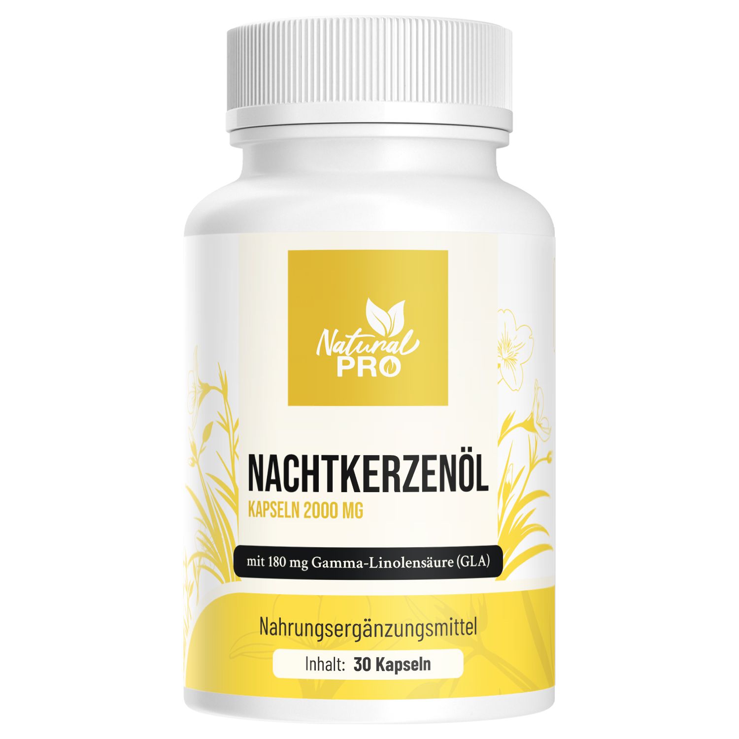 Flasche mit Nachtkerzenöl-Kapseln. Enthält 30 Kapseln. Mit 2000 mg Nachtkerzenöl pro Kapsel.