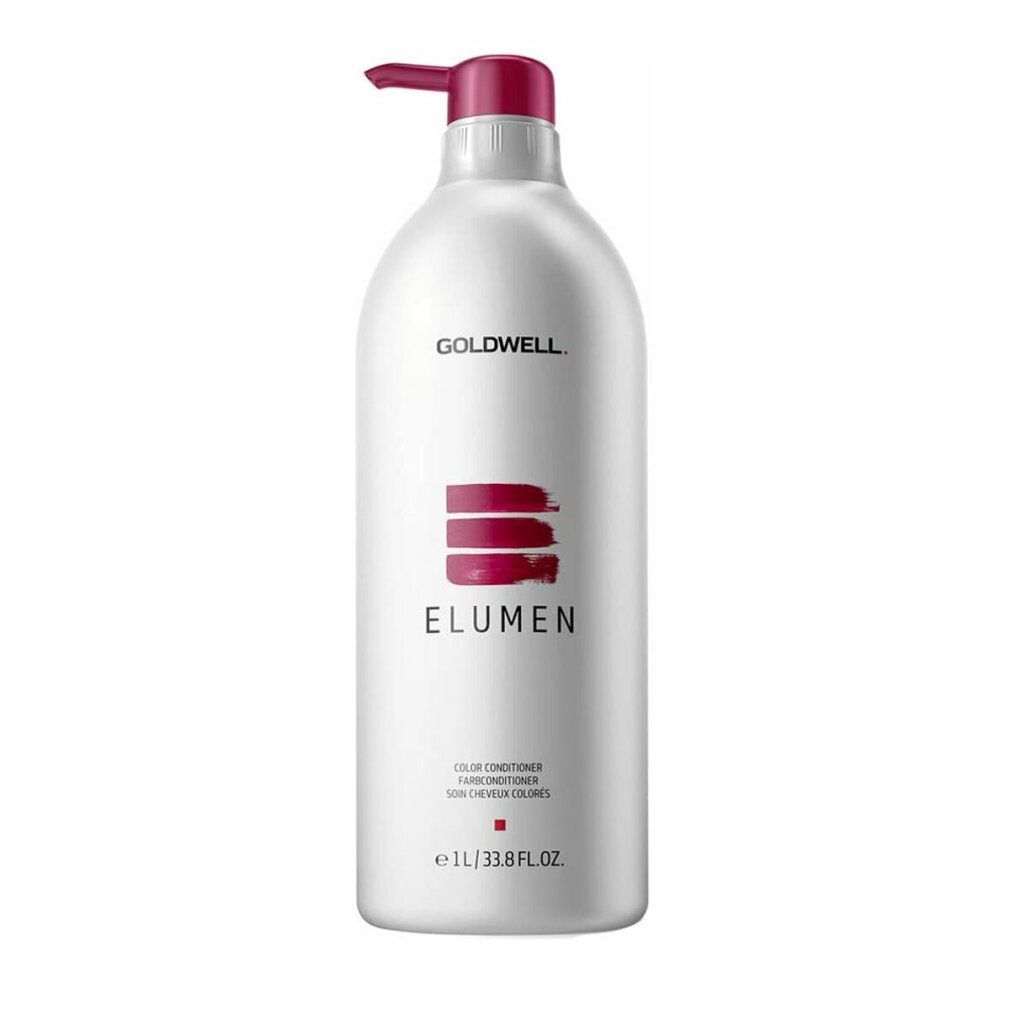 Flasche mit Pumpe, weiß, mit Aufschrift "ELUMEN". Roter Pumpkopf. Text: "COLOR CONDITIONER".
