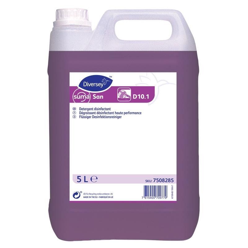 Kanister mit lila Flüssigkeit. Aufschrift: (suma) San D10.1, Detergent disinfectant, 5 L.