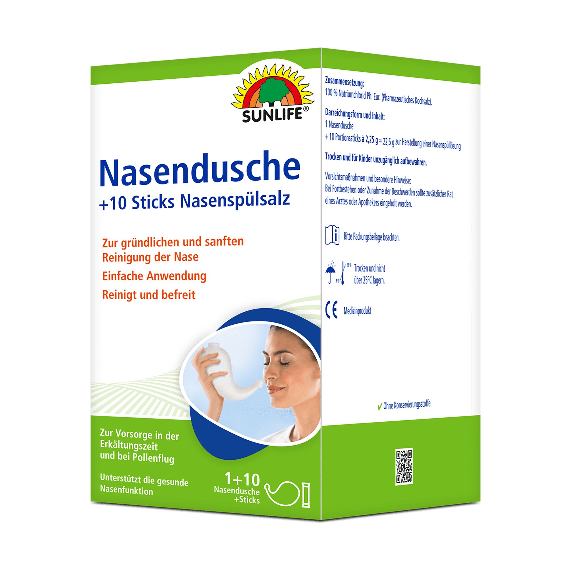 Verpackung von Sunlife Nasendusche + 10 Sticks Nasenspülsalz. Grün-weiße Schachtel mit Produktnamen, Illustration und Logo.