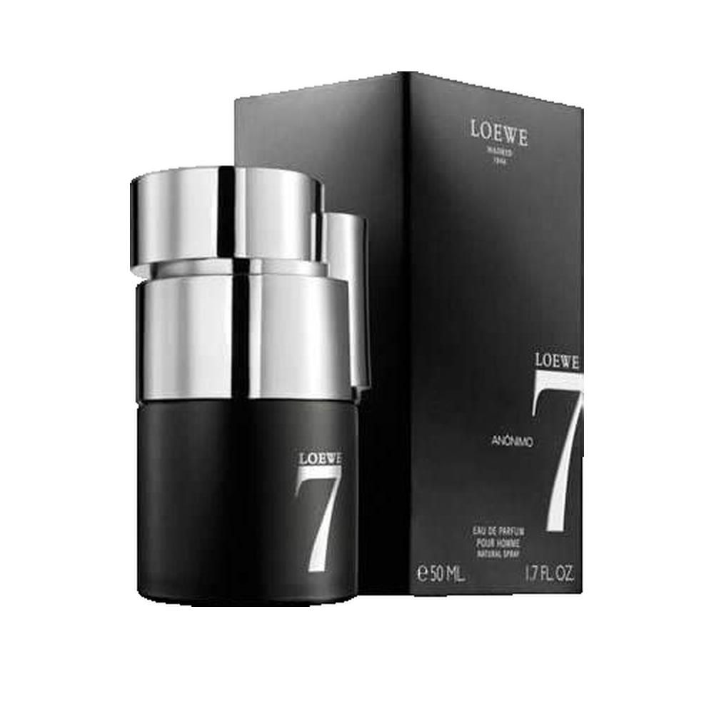 Schwarzer Flakon mit silbernem Deckel und Verpackung. Aufschrift "Loewe 7 Anonimo".