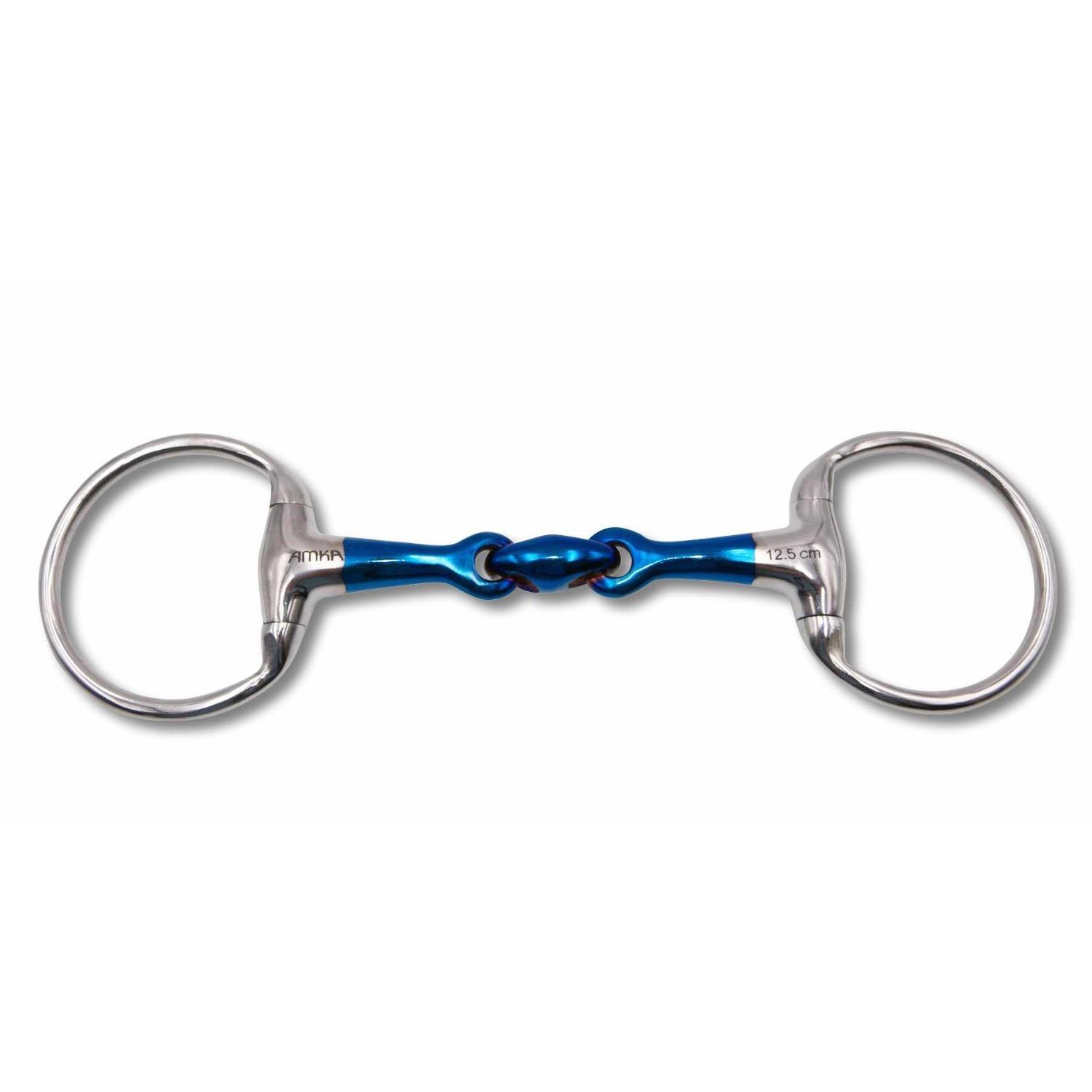 Doppelt gebrochene Olivenkopftrense mit blauem Mittelstück. Ringe und Seitenteile aus Metall. Text: 12,5 cm.