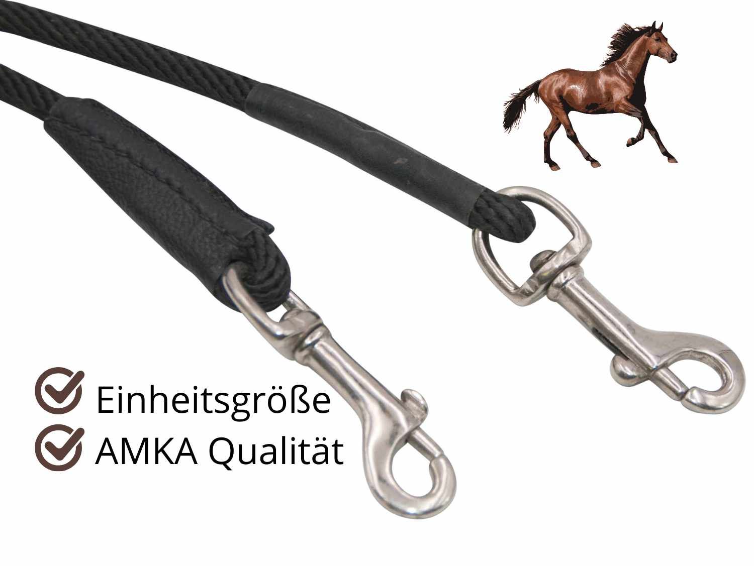 Schwarze Zügel mit Metallkarabinern. Text: AMKA Qualität, Einheitsgröße. Kleines Pferd-Symbol.