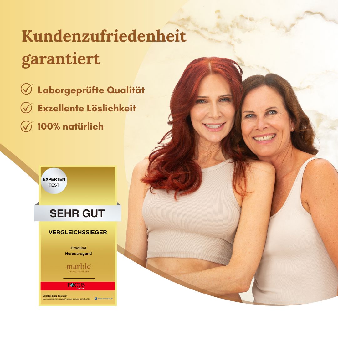 Zwei Frauen lächeln. marble© Collagen Pro-Verpackung mit Auszeichnung 'Sehr Gut' und Text: Kundenzufriedenheit garantiert.
