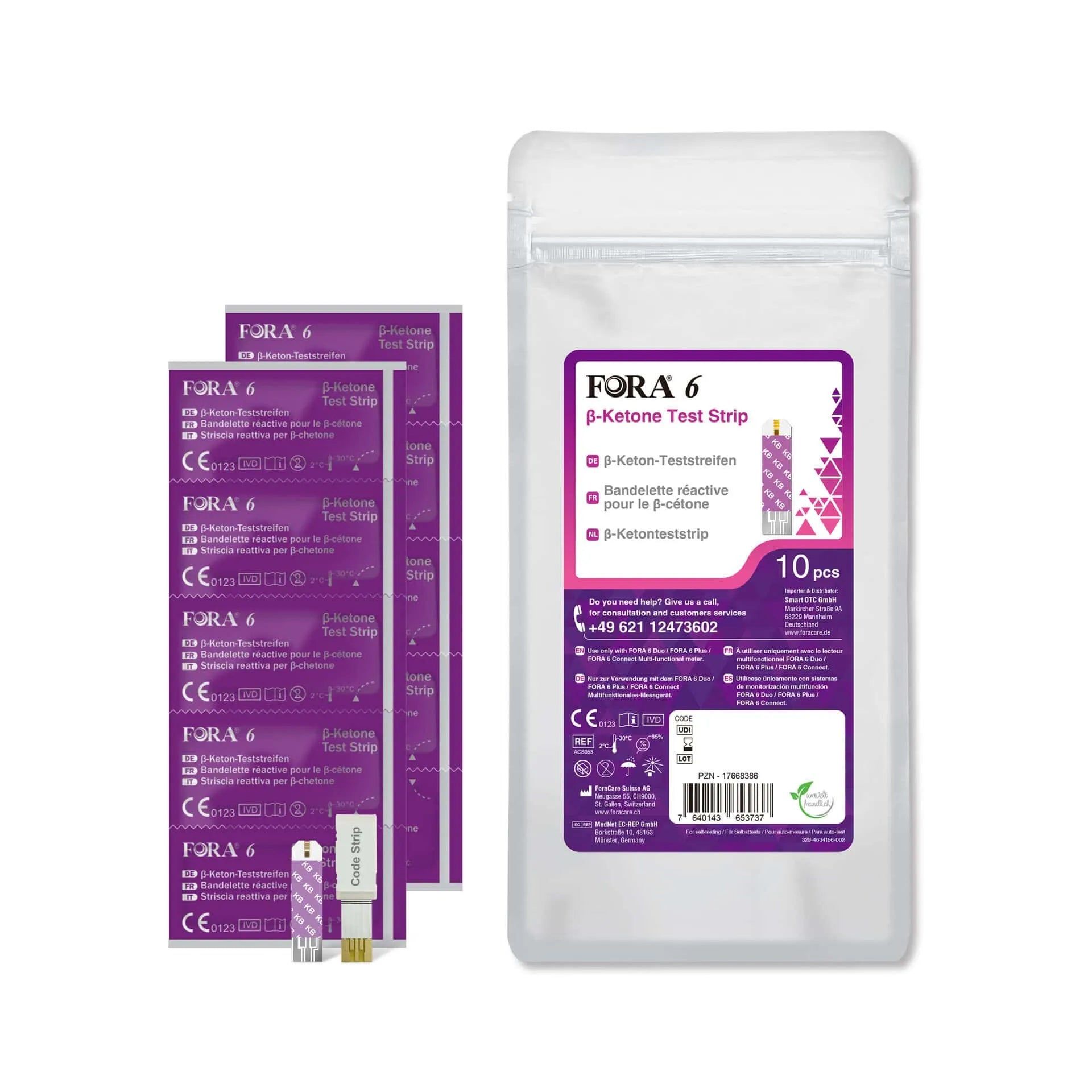 FORA 6 β-Keton-Teststreifen: 10 einzeln verpackte Teststreifen. CE-zertifiziert.