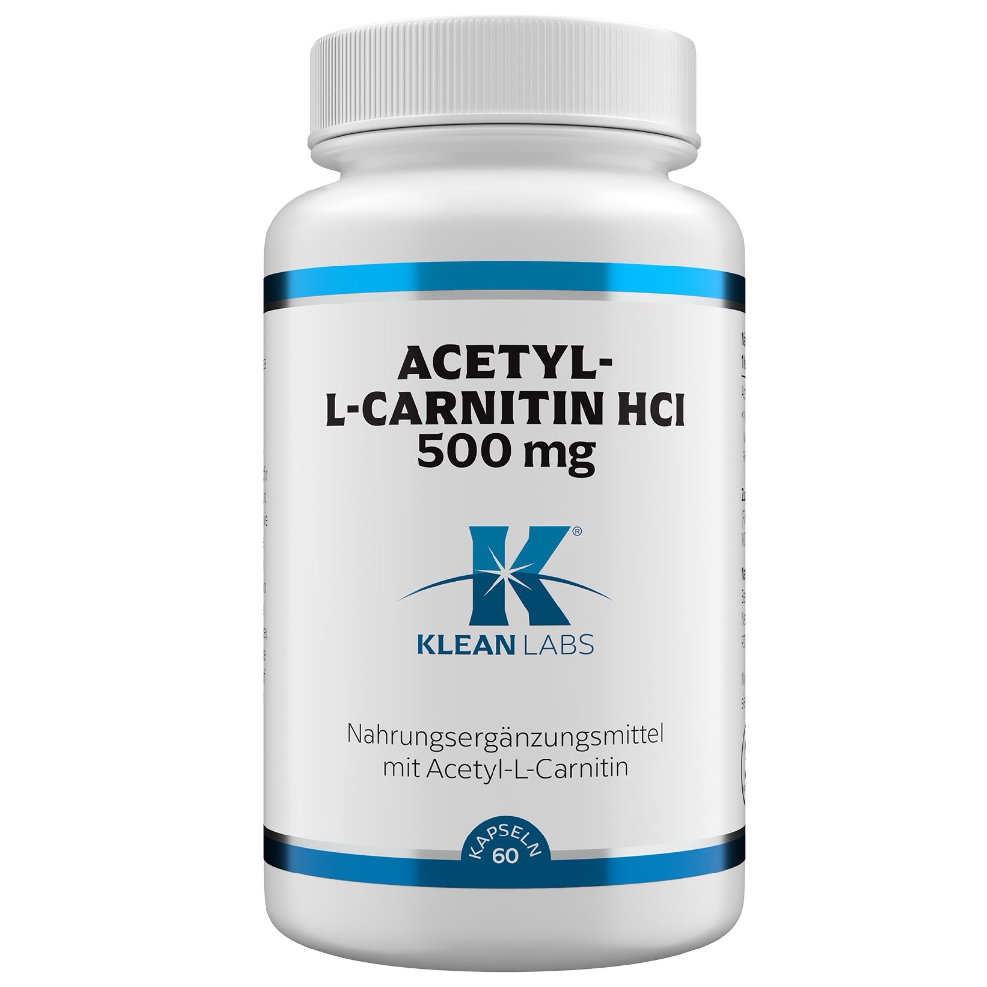 Weiße Flasche mit blauem Streifen. Aufschrift: Acetyl-L-Carnitin HCl 500 mg, Klean Labs. Nahrungsergänzungsmittel. 60 Kapseln.