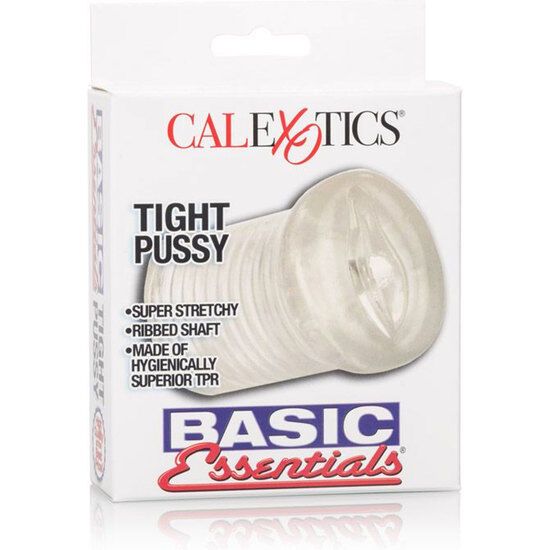 Produktverpackung. Text: CALEXOTICS, TIGHT PUSSY, BASIC Essentials. Produkt: gerippter Masturbator.