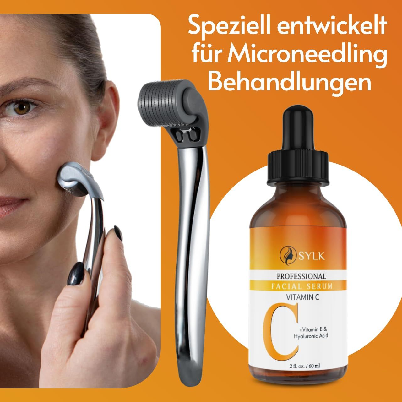 Frau mit Microneedling-Roller. Daneben: SYLK Professional Facial Serum Vitamin C Flasche. 2 fl. oz. / 60 ml.