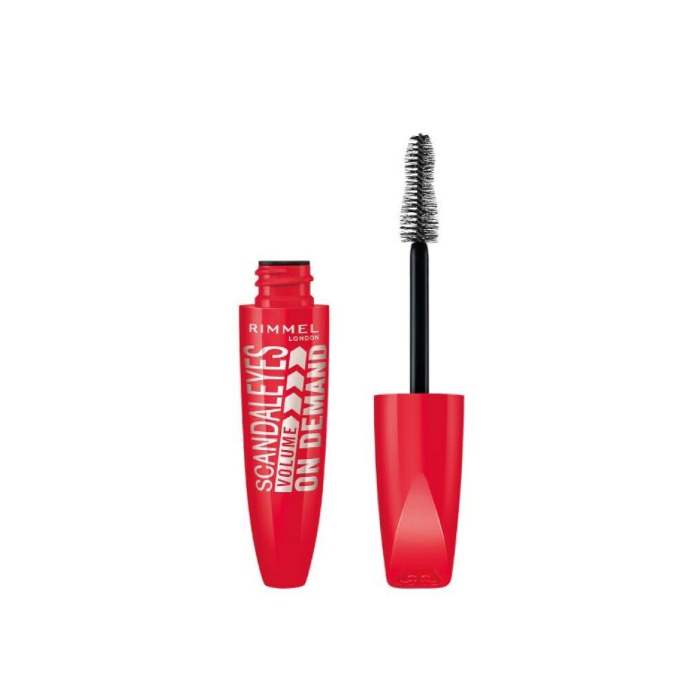 Rote Mascarabürste und -behälter. Text: Rimmel London, Scandaleyes Volume On Demand. Schwarze Mascara-Bürste.