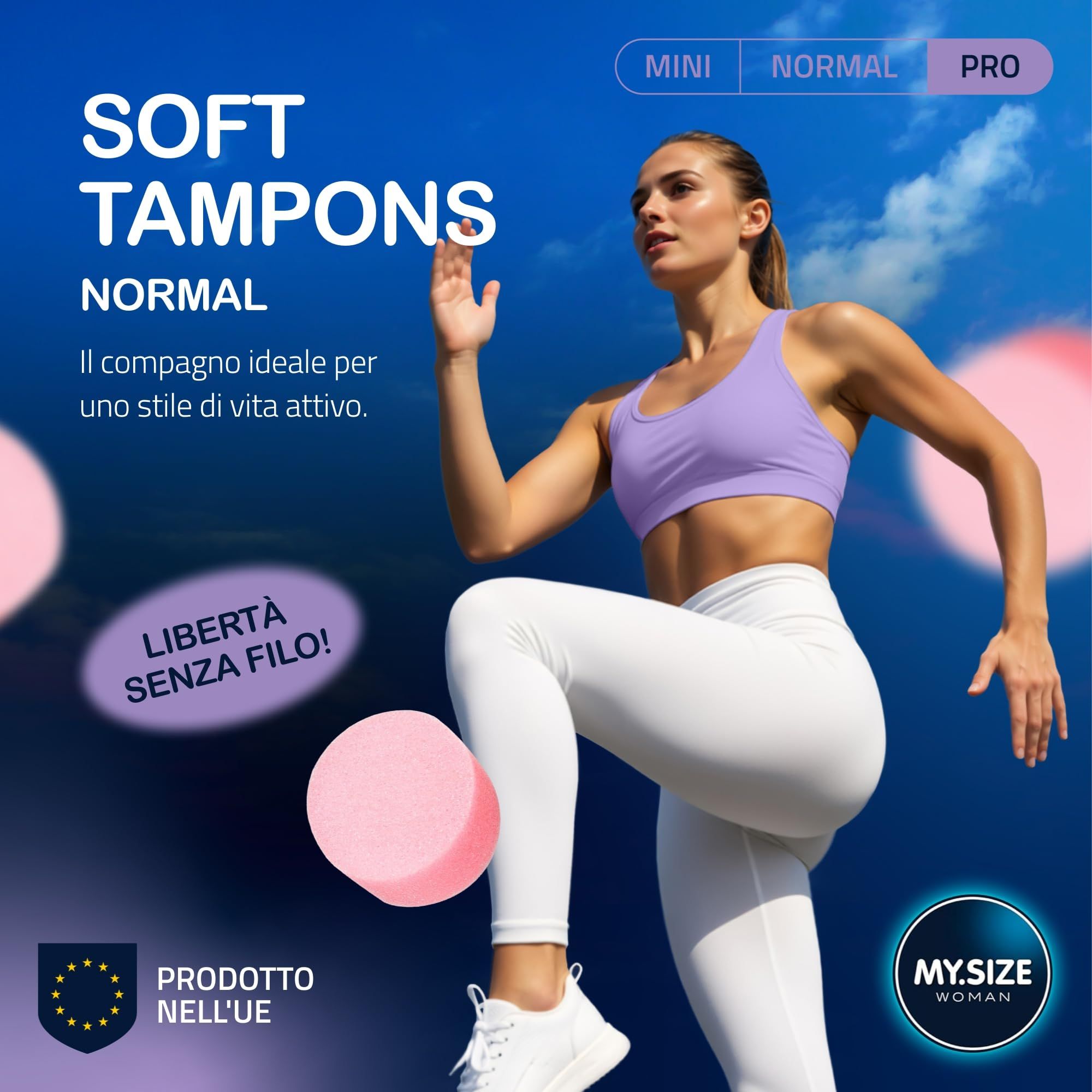 Frau beim Sport mit MY.SIZE Woman Soft Tampons Pro. Freiheit ohne Faden, für einen aktiven Lebensstil.