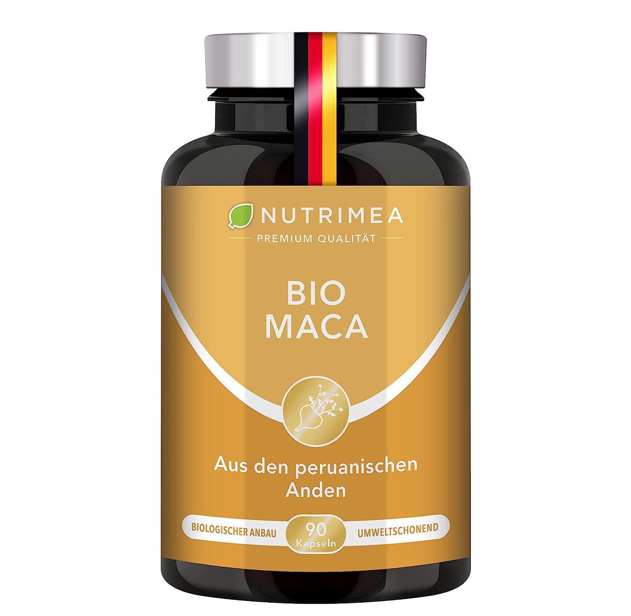 Braune Flasche mit Kapseln. Aufschrift: BIO MACA, Aus den peruanischen Anden. Mit deutschem Fähnchen.