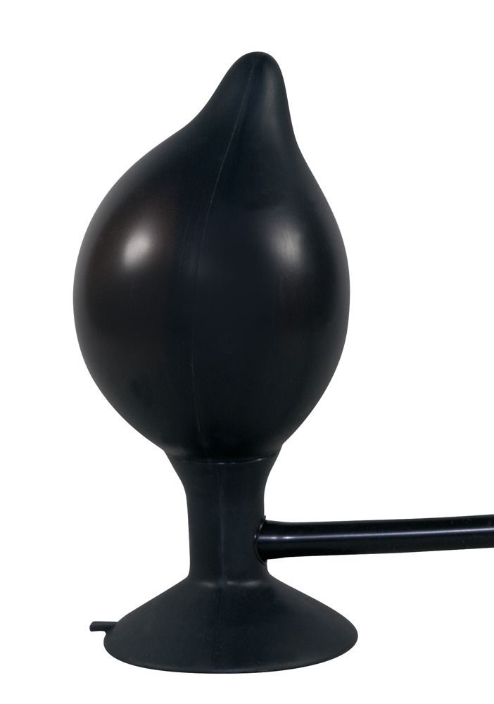Schwarzer, tropfenförmiger Analplug mit Basis und Schlauchanschluss. Aus Gummi.