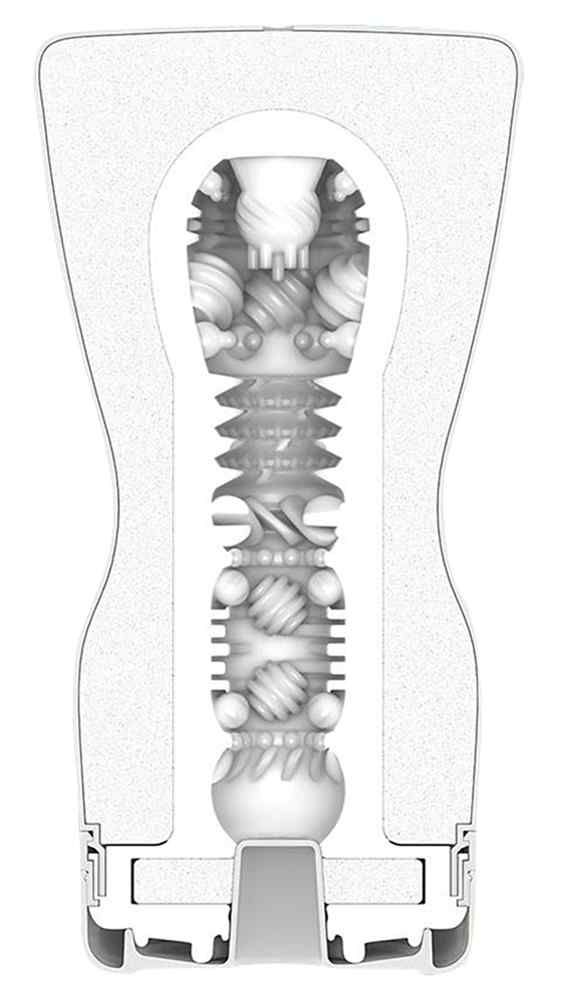 Weißes, längliches Produkt mit inneren Strukturen. Sichtbar sind verschiedene Texturen und Formen, darunter Kugeln und spiralförmige Elemente.