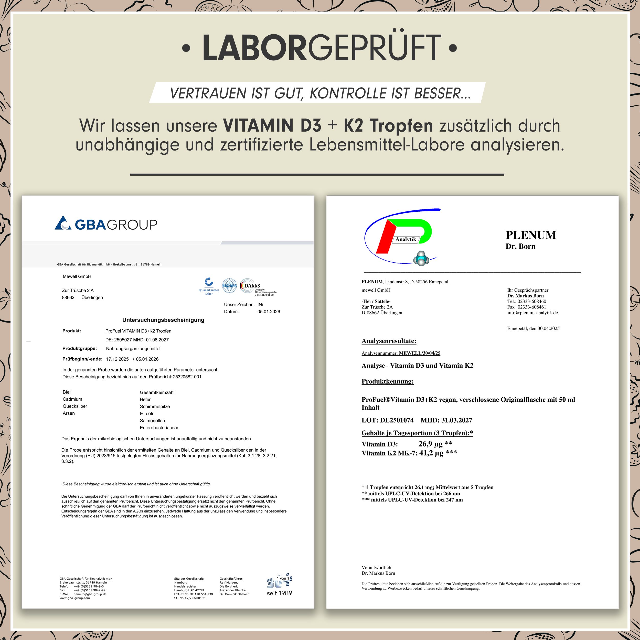 Zwei Laborzertifikate. Analyse von Vitamin D3 und K2. Zertifiziert von GBA Group und Plenum Dr. Bern.