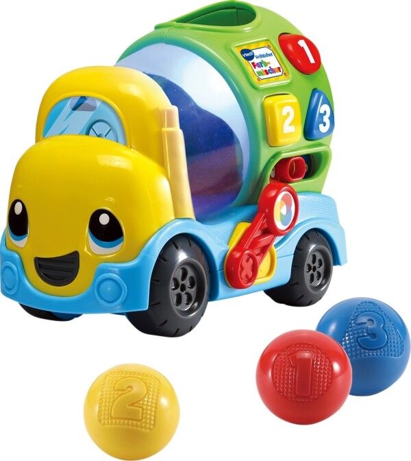 Gelb-blaues Spielzeug-LKW mit grüner Trommel, Zahlen 1-3. Drei farbige Bälle mit Zahlen. VTech-Logo.