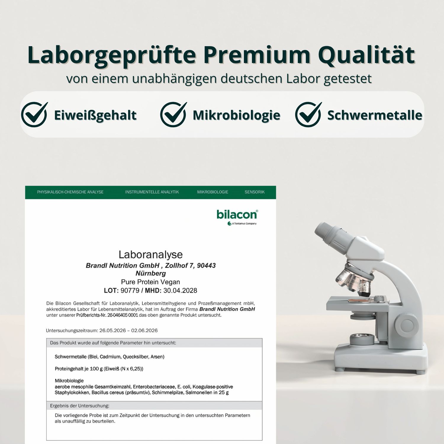 Laboranalyse für veganes Proteinpulver. Bestätigt Protein, Mikrobiologie und Schwermetalle.
