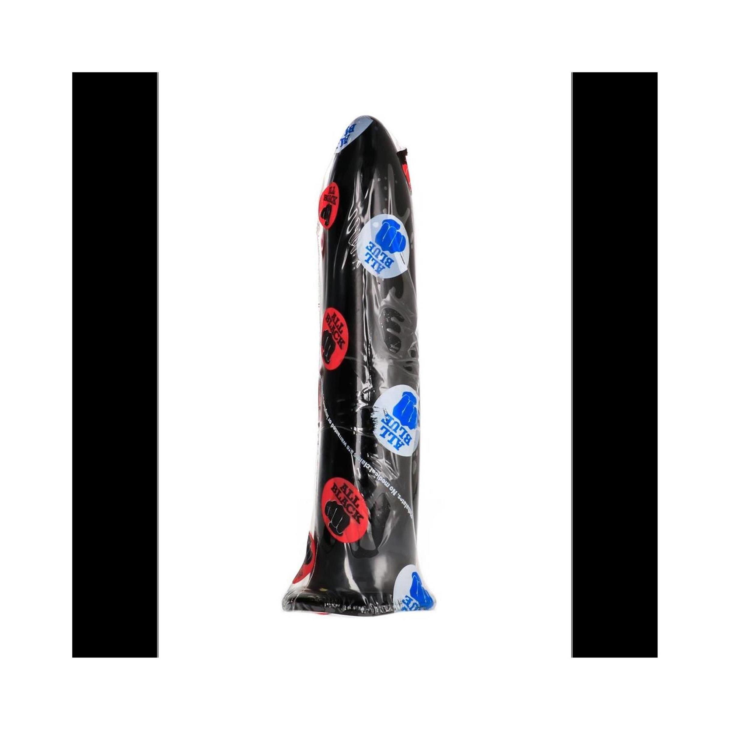 Schwarzer Anal-Dildo in Folienverpackung. Auf der Verpackung sind rote und blaue Aufkleber mit Text.