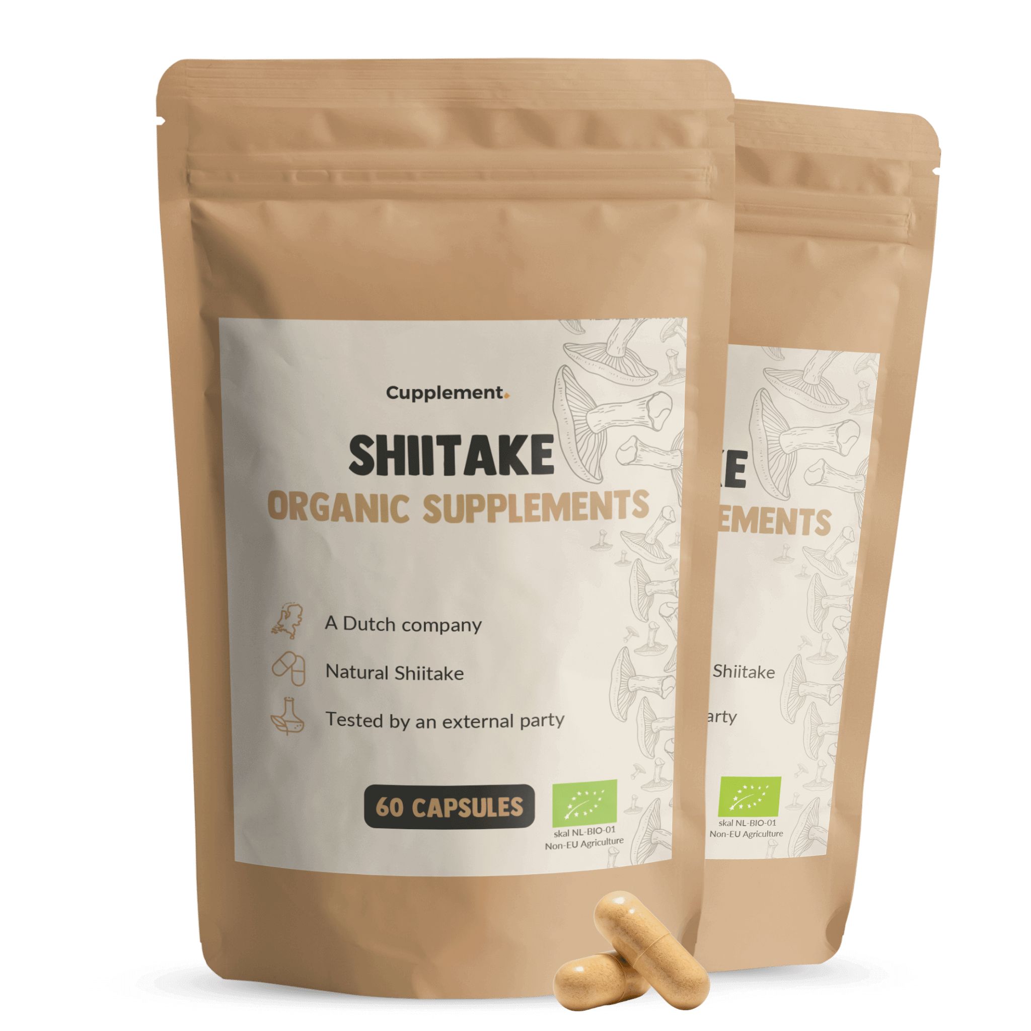 Zwei Beutel mit Shiitake-Kapseln. Aufschrift: Shiitake Organic Supplements. 60 Kapseln. BIO-Siegel.