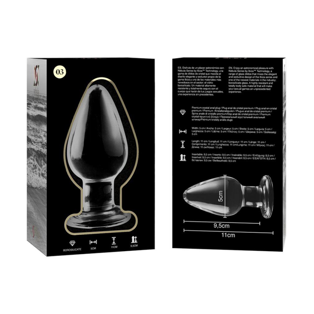 Klarer Glas-Analplug mit breiter Basis, spitz zulaufend. Verpackung mit Produktabbildung und Maßen.