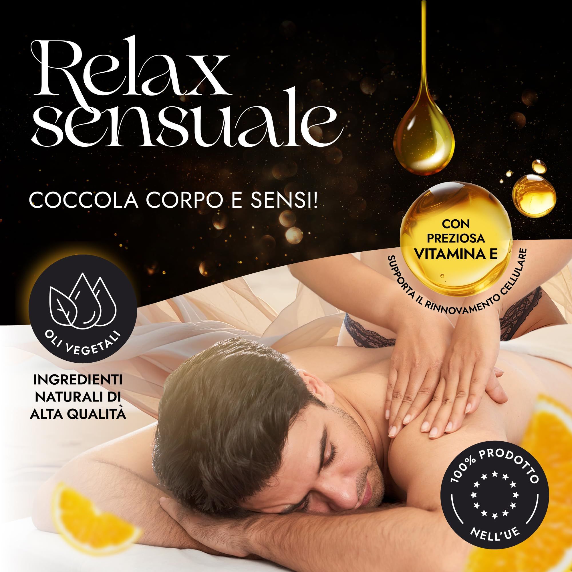 Mann erhält eine Rückenmassage, umgeben von Orangenscheiben und Öltropfen.