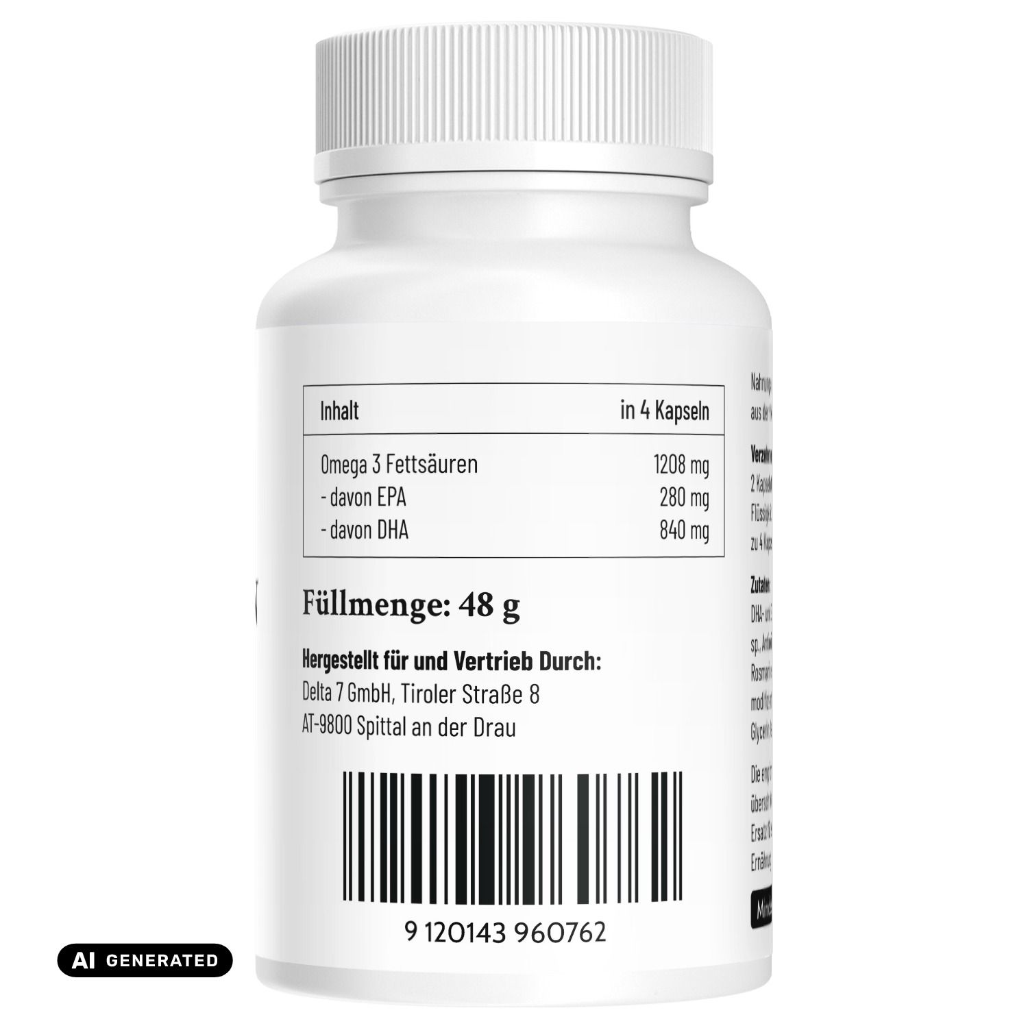 Rückseite einer Flasche Algenöl-Kapseln. Nährwertangaben: Omega 3, EPA, DHA. Hergestellt in Österreich.