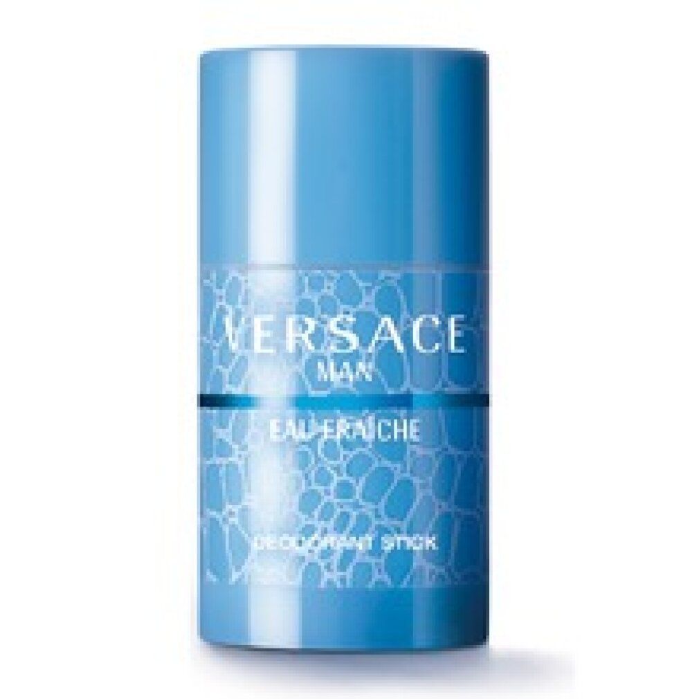 Blauer Deostick. Aufschrift: VERSACE MAN, EAU FRAICHE, DEODORANT STICK. Weißer Hintergrund.