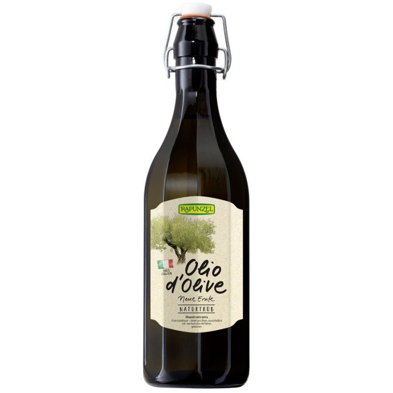 Grüne Glasflasche mit Bügelverschluss. Etikett mit Olivenbaum-Illustration und Schriftzug "Olio d'olive".