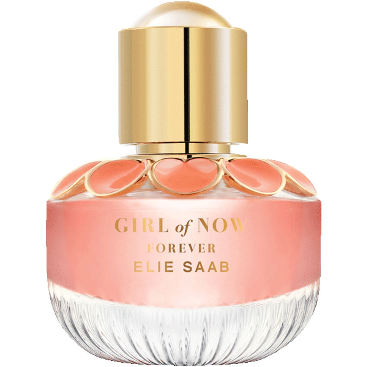 Parfümflakon mit goldfarbenem Deckel und rosa Flüssigkeit. Aufschrift: GIRL of NOW FOREVER ELIE SAAB. Blütenförmige Verzierungen.