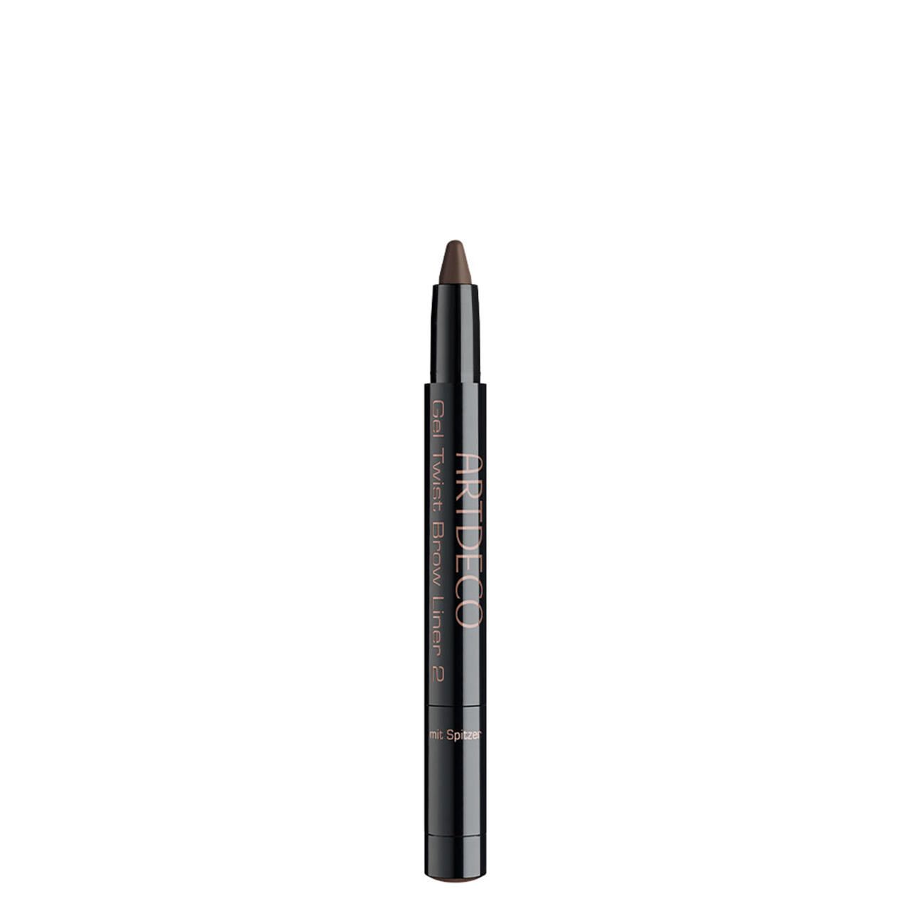 Artdeco Gel Twist Brow Liner. Schwarzer Stift mit brauner Spitze. Produktname und Marke sind sichtbar.