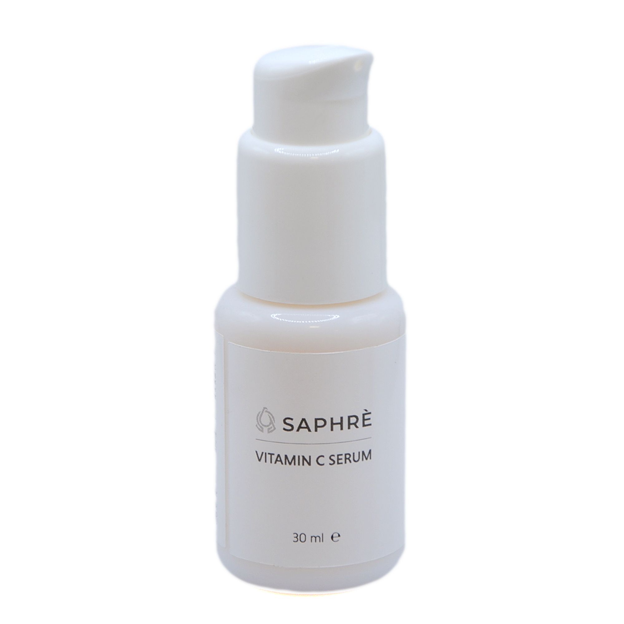Weiße Flasche mit Dosierpumpe. Aufschrift: Saphre Vitamin C Serum. Volumen: 30 ml.
