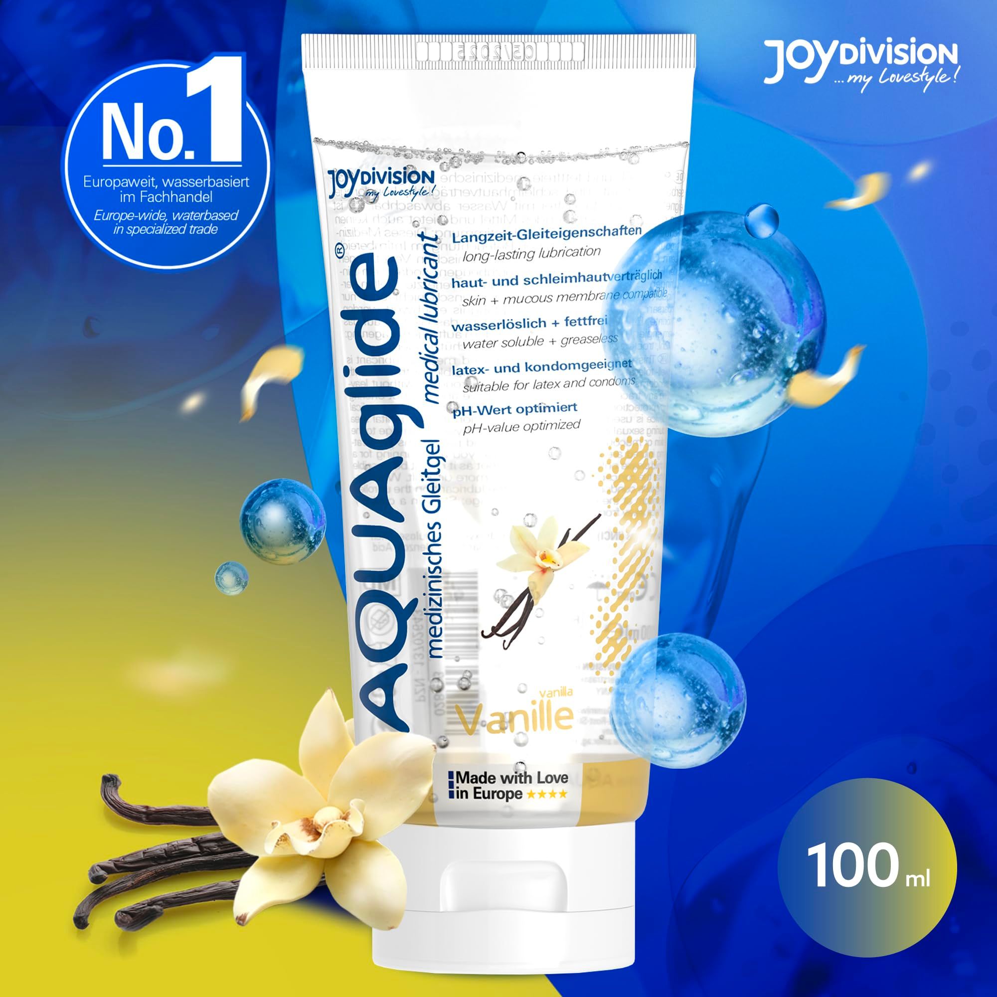 AQUAGLIDE Vanille Gleitgel Tube, umgeben von Wassertropfen, Vanilleblüten und Schoten. 100ml.