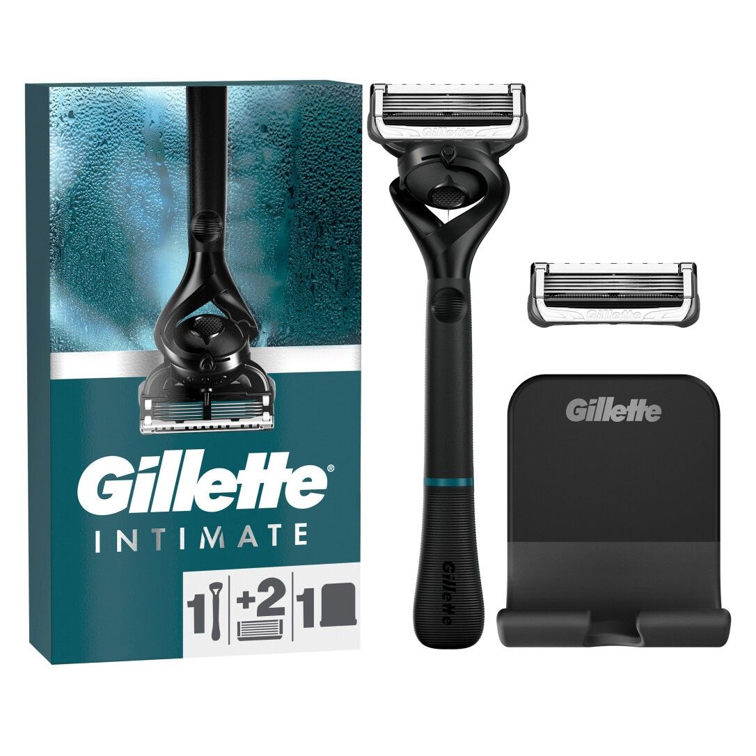 Rasierer-Set mit Rasierer, 2 Klingen, Halterung und Verpackung. Schwarzer Griff, blaue Akzente. "Gillette Intimate"-Logo.