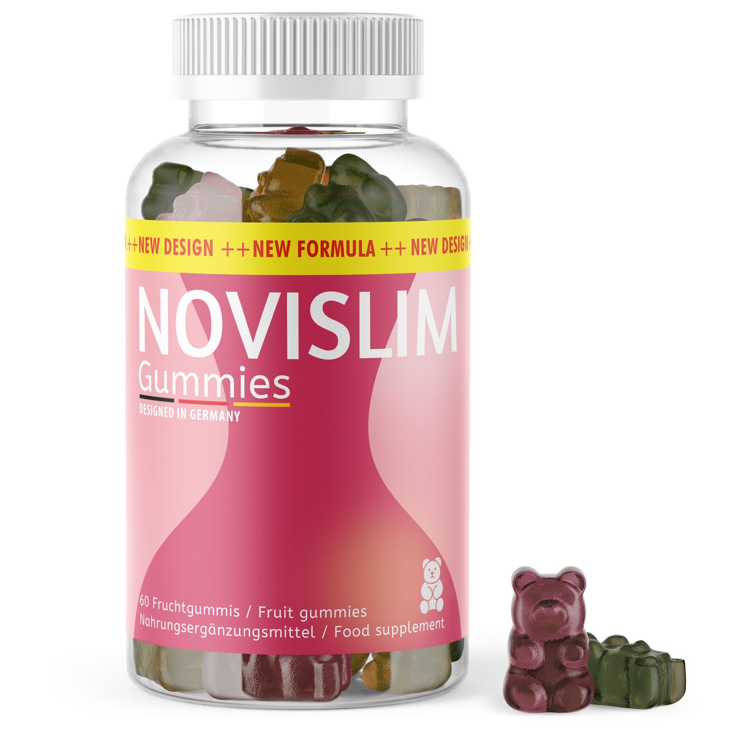Klare Flasche mit Novislim Gummies. Bunte Gummibärchen. Aufschrift: Novislim Gummies, 60 Fruchtgummis.
