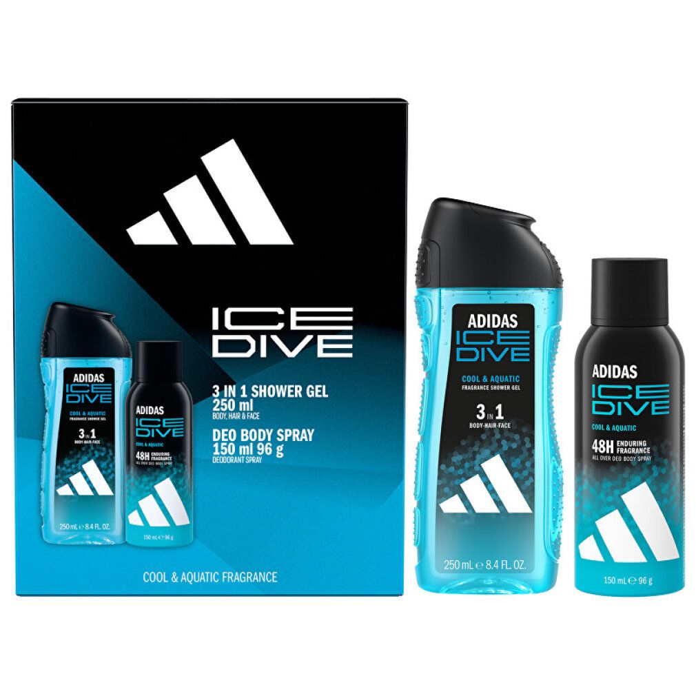 Adidas Ice Dive Geschenkset. Enthält Duschgel, Deodorant-Spray. Schwarze Verpackung mit Adidas-Logo und Ice Dive-Schriftzug. Blaue Flaschen.