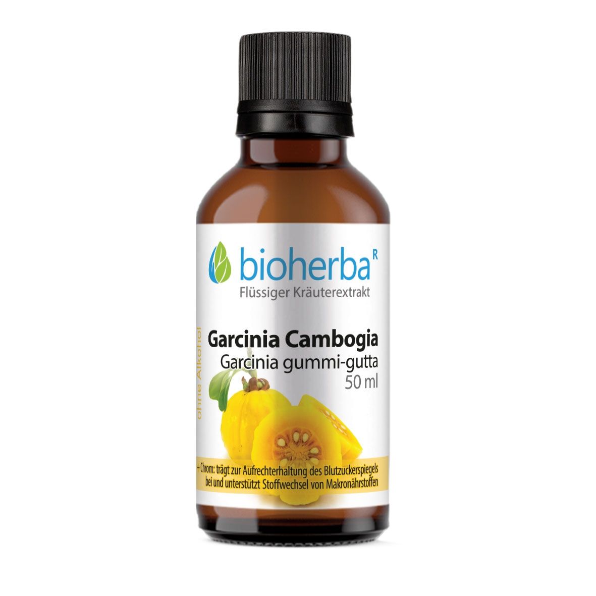 Braune Glasflasche mit schwarzem Deckel. Etikett mit Bioherba Garcinia Cambogia, 50 ml. Produktabbildung und Text.