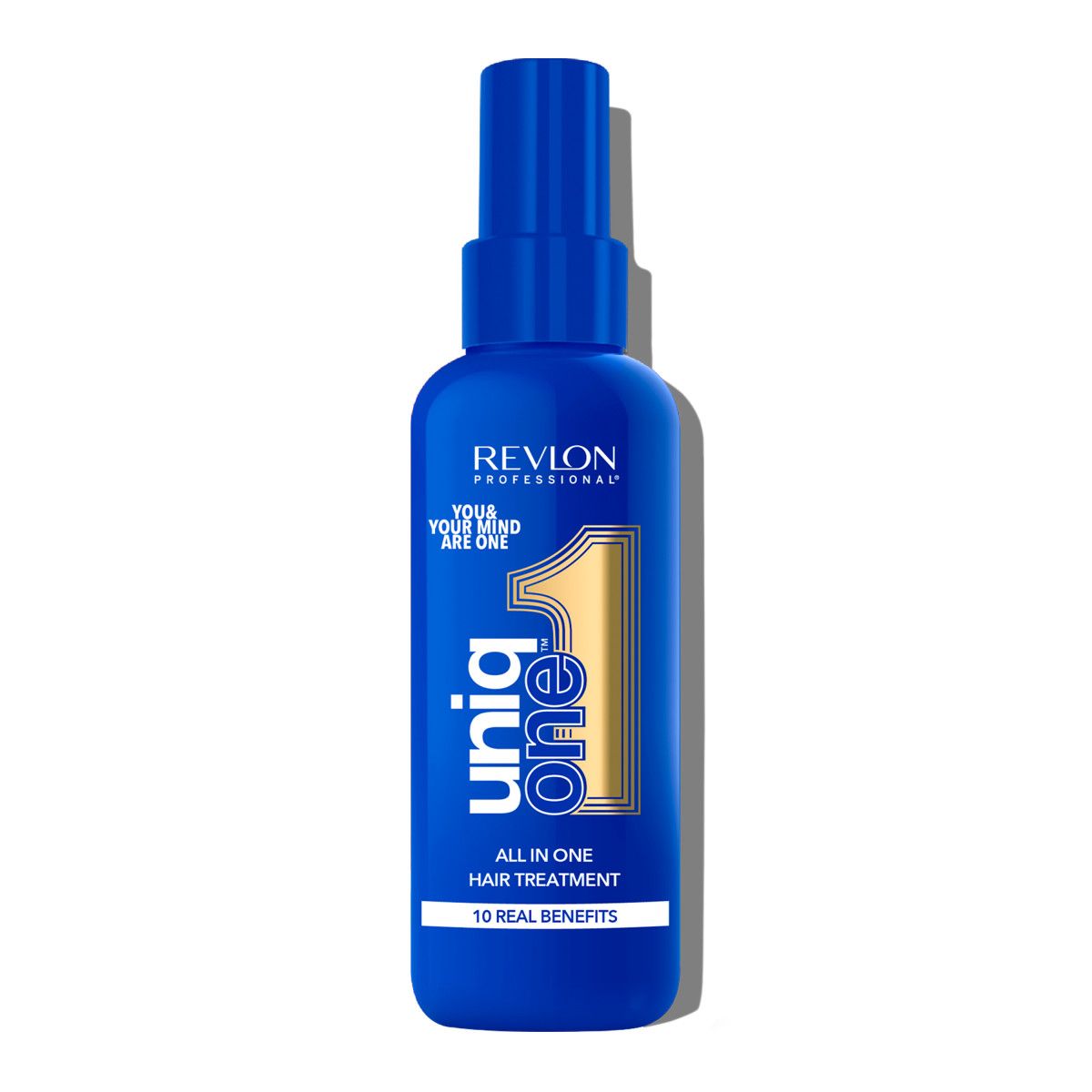 Blaue Flasche mit Sprühkopf. Aufschrift: UniqOne, All in One Hair Treatment, Revlon Professional.