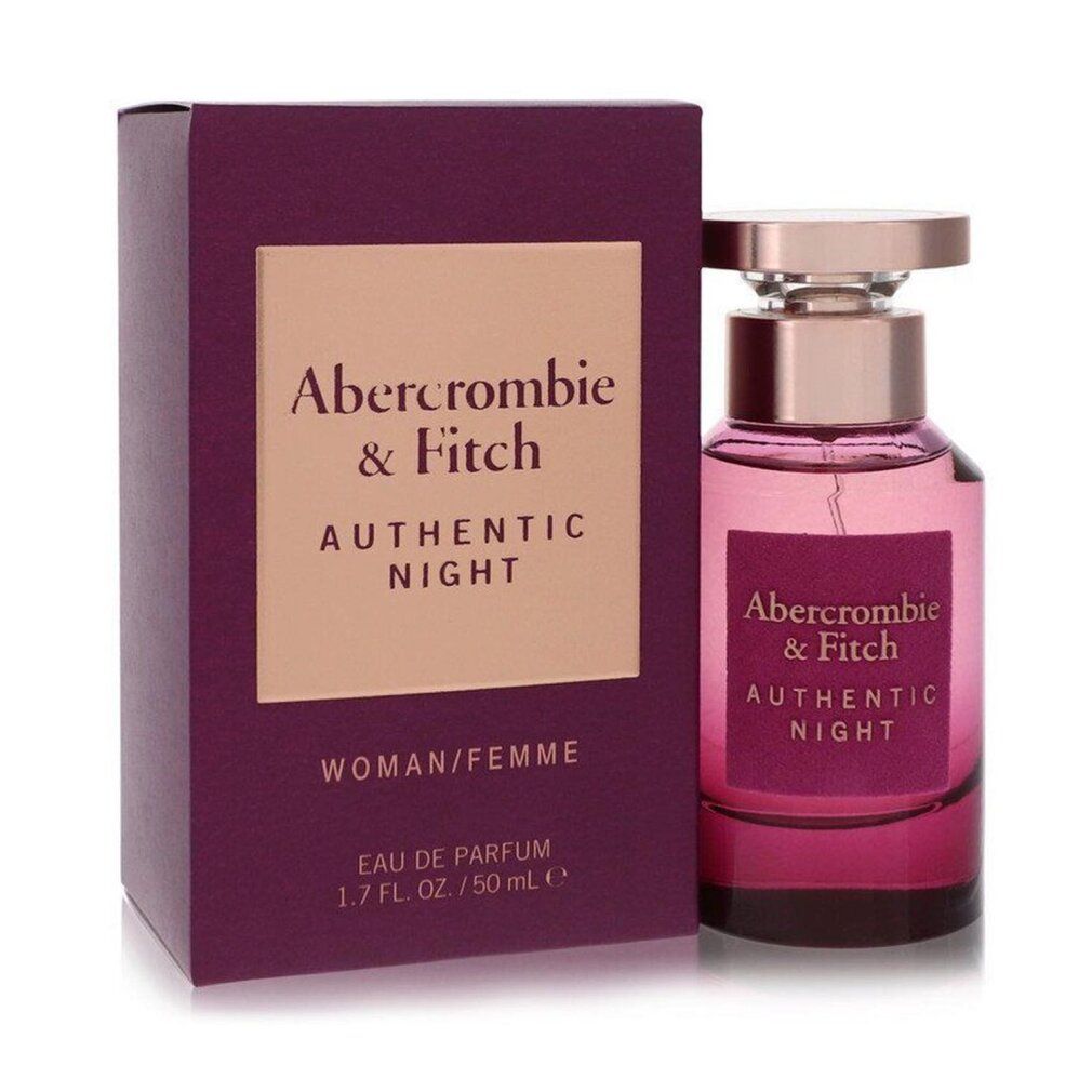 Flakon und Verpackung von Abercrombie & Fitch Authentic Night. Lila Flakon mit goldenem Verschluss. Rechteckige Verpackung mit Logo.