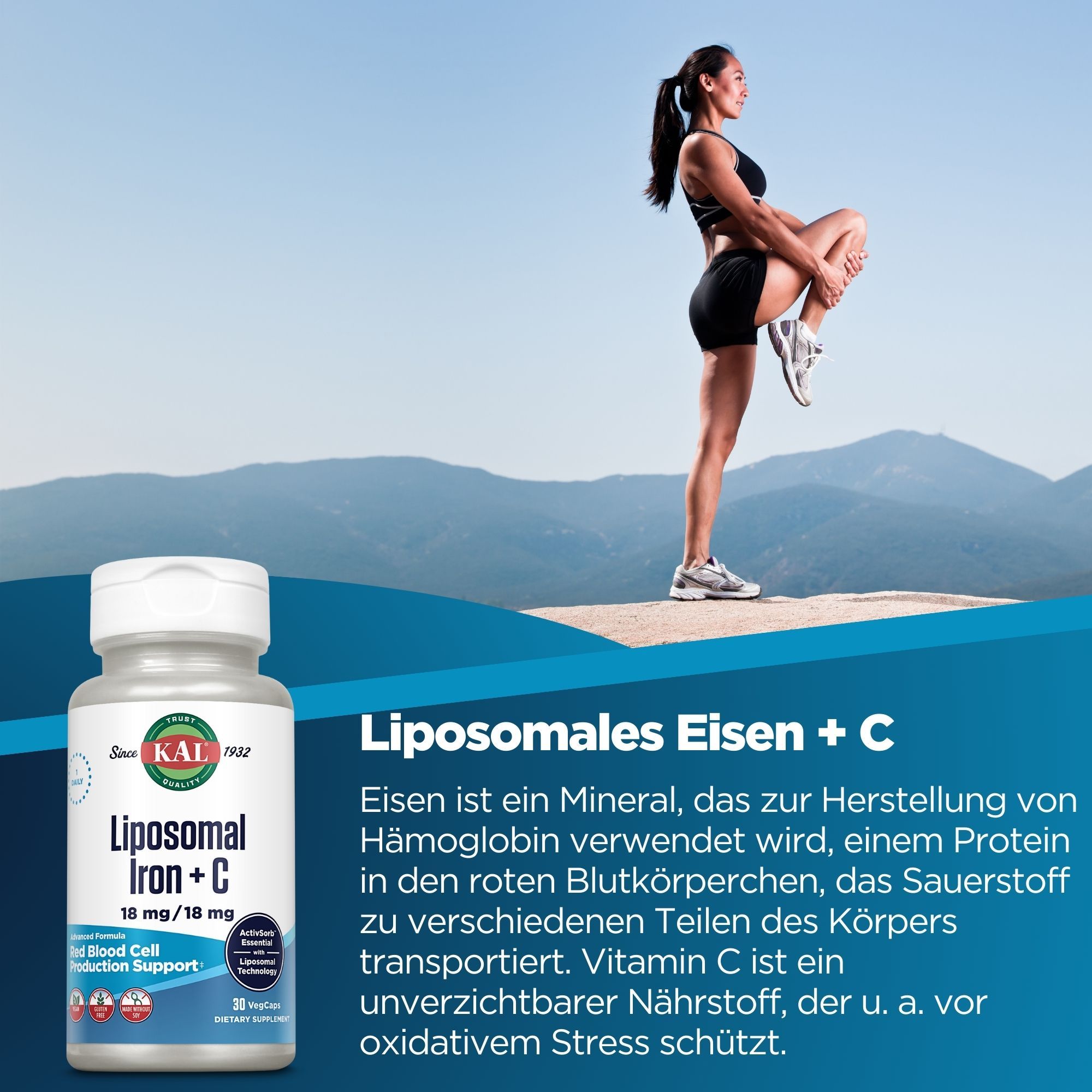 Eine Flasche KAL Liposomales Eisen + C 18 mg / 18 mg. Eine Frau trainiert im Hintergrund. Text: Liposomales Eisen + C.
