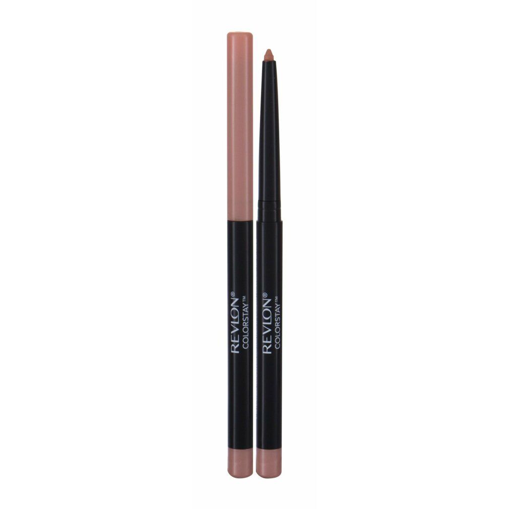 Revlon Colorstay Lipliner. Zwei Lipliner, einer mit Kappe. Schwarzer Schaft, braune Mine. Produktname und Marke sind sichtbar.