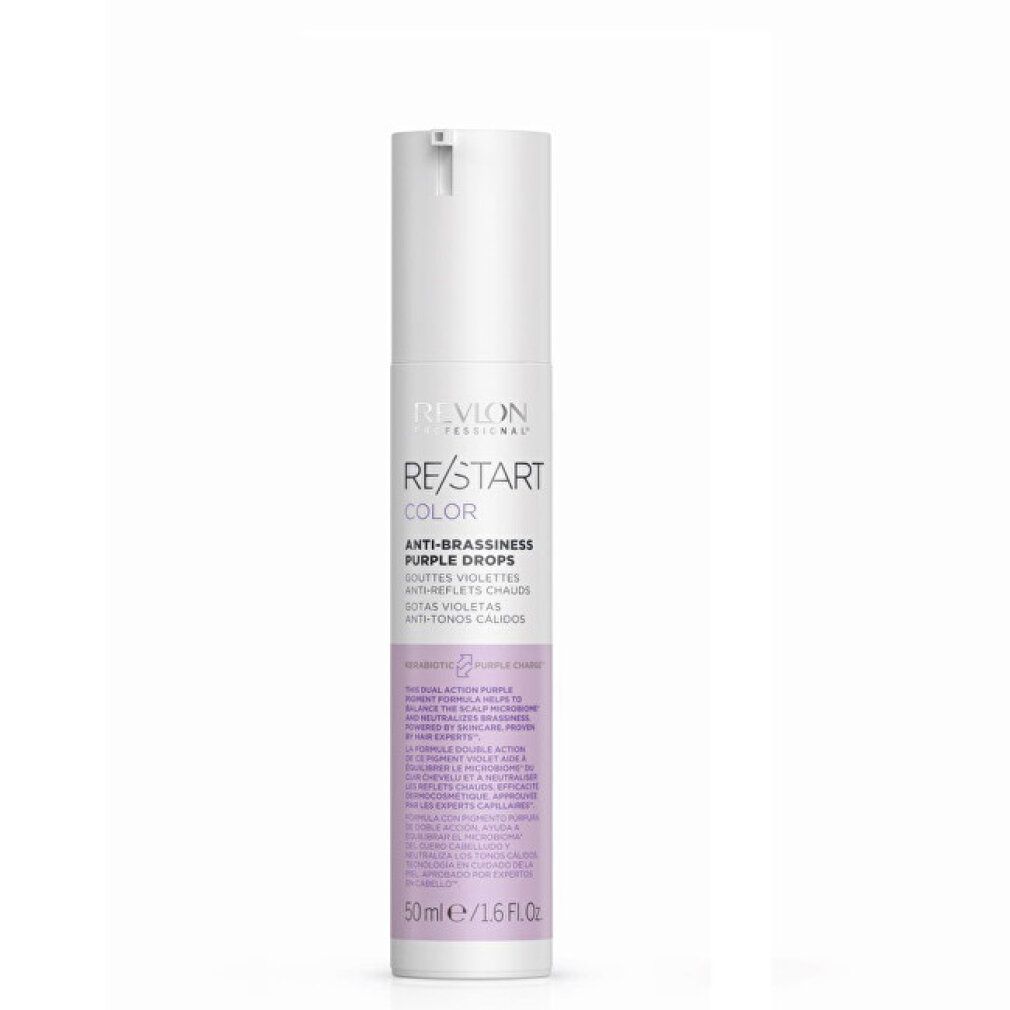 Revlon Re-Start Color Anti-Brassiness Purple Drops. Weiße Flasche mit lila Etikett. Produktname und Text sichtbar.