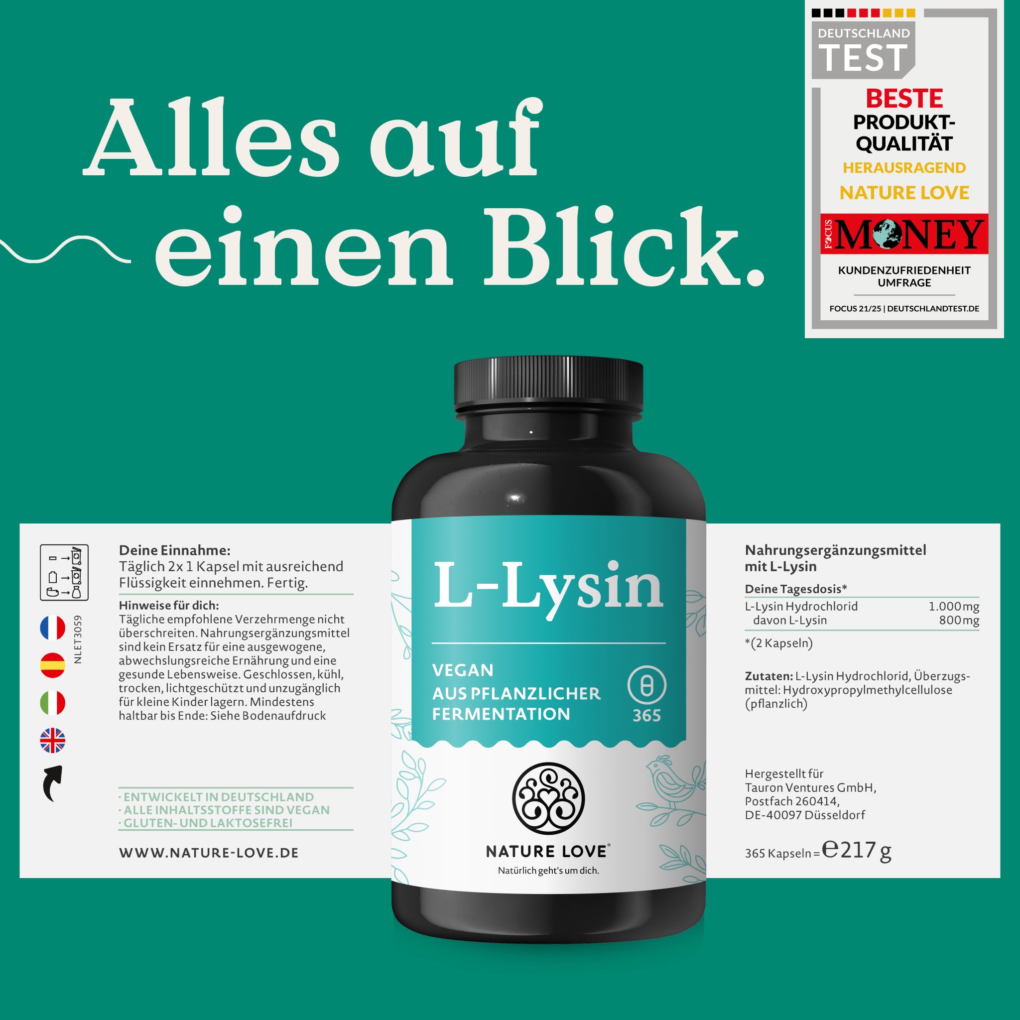 Flasche L-Lysin Nahrungsergänzungsmittel, vegan, aus pflanzlicher Fermentation. Siegel: Deutschland Test, Beste Produktqualität.
