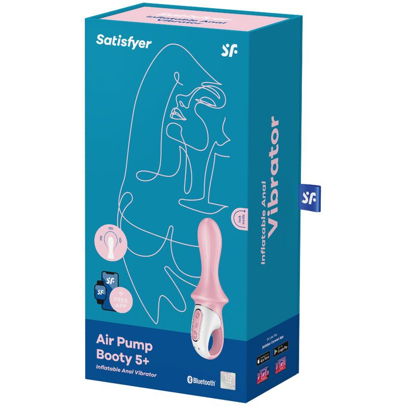 Produktverpackung. Blau-rosa Box mit Produktabbildung. Aufschrift: Satisfyer, Air Pump Booty 5+, Vibrator.