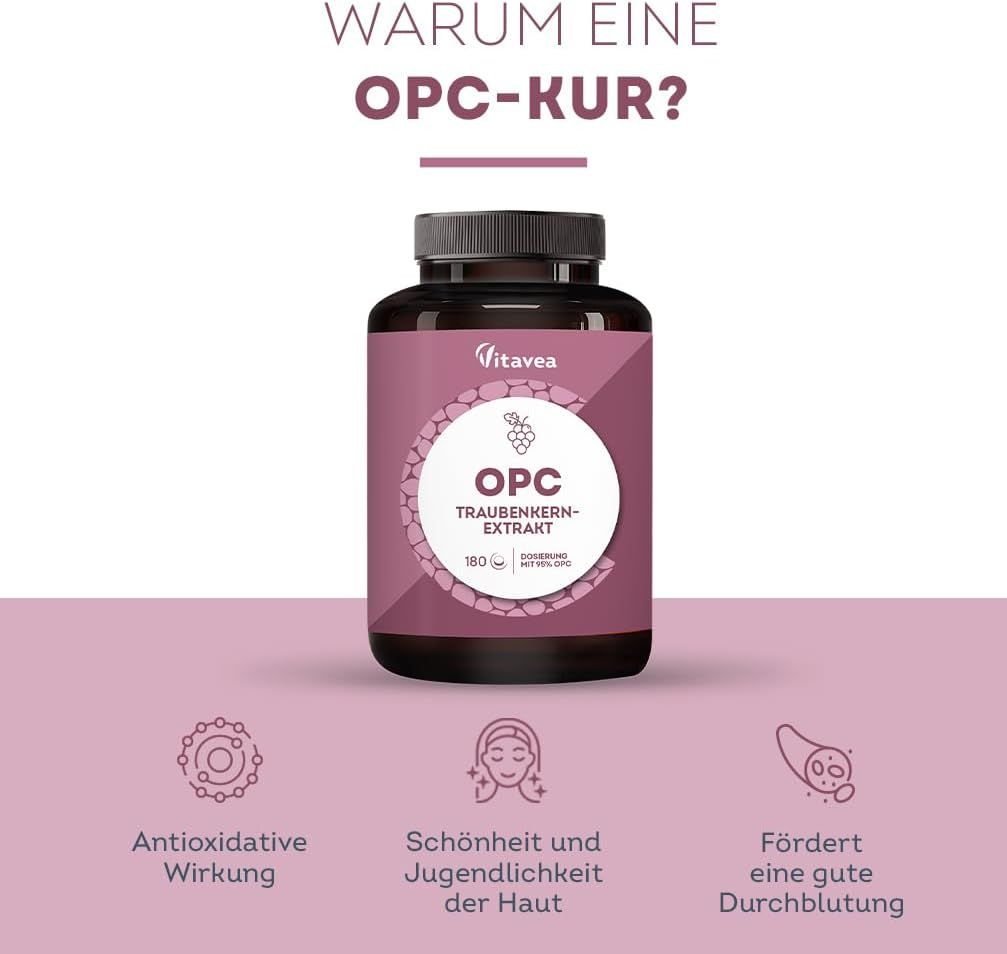 Produktflasche mit Etikett. Text: OPC Traubenkernextrakt, 180 Tabletten. Grafiken: antioxidative Wirkung, Haut, Durchblutung.