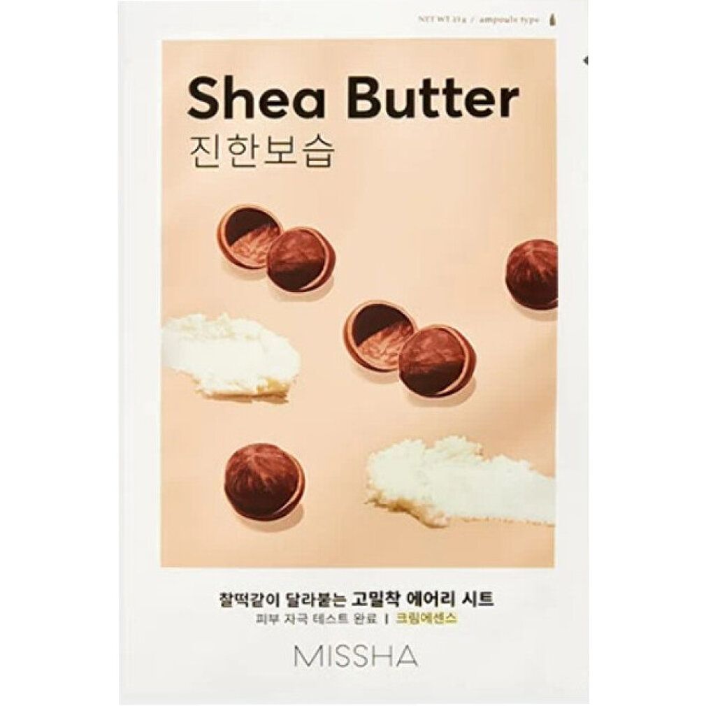 Verpackung der MISSHA Airy Fit Sheet Mask. Aufdruck mit Shea Butter, koreanischer Schrift und Shea-Nüssen.