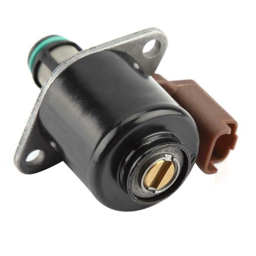 Ein schwarzes mechanisches Bauteil mit braunem Stecker, grünem Ring und metallischen Elementen. Auf weißem Hintergrund.